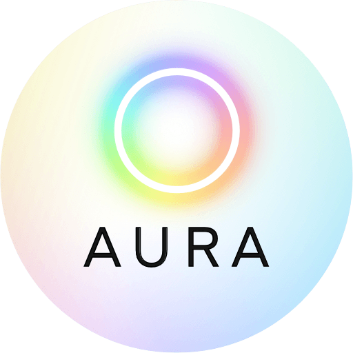 Aura sphere with halo-ed multicolor circle inside with the AURA letters