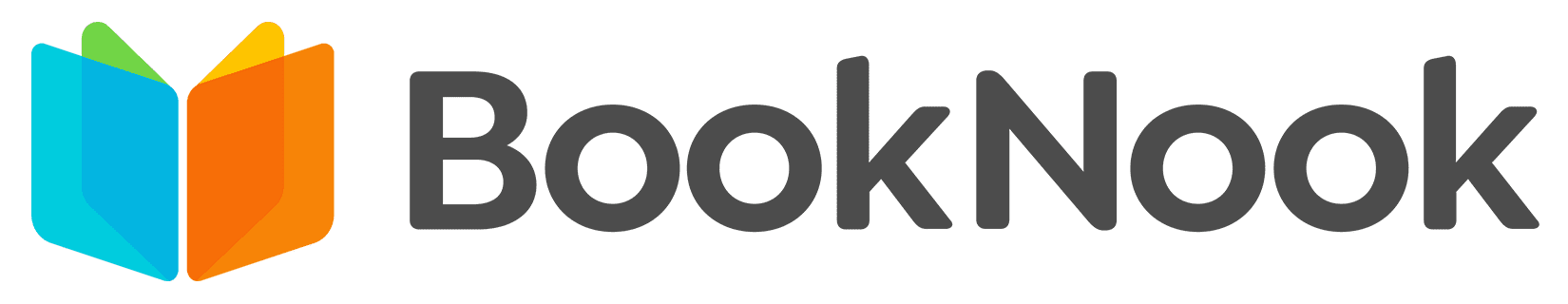 an blue and orange covered open book with the BookNook wordmark