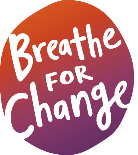 Blue-purple blob with "Breath for change" in white letters on top