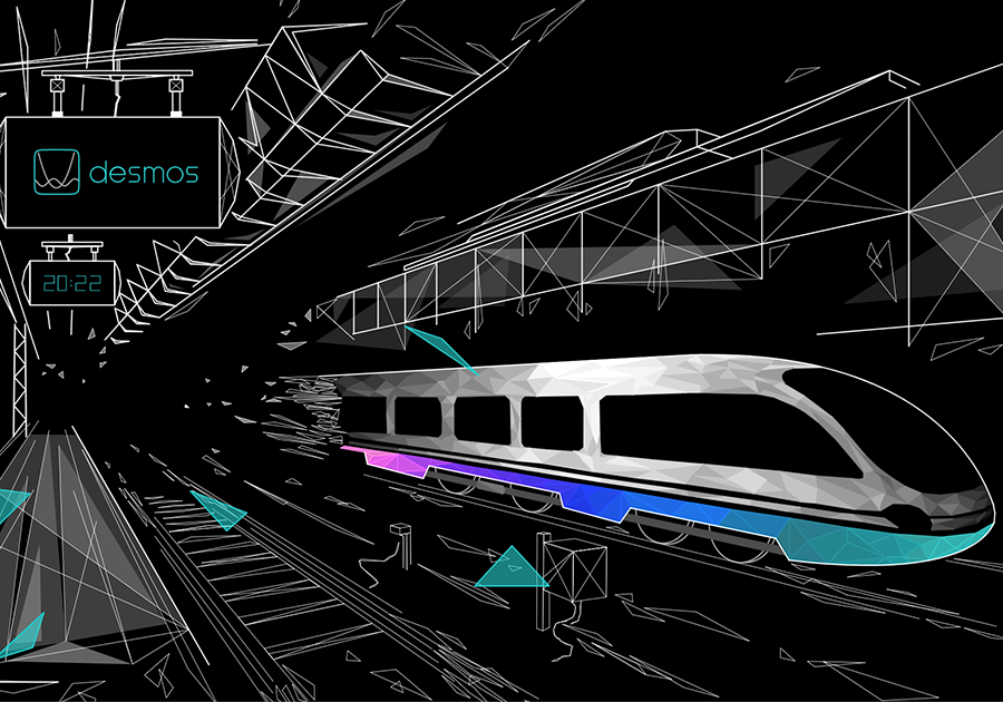 illustration of a train driving through a wireframe scene