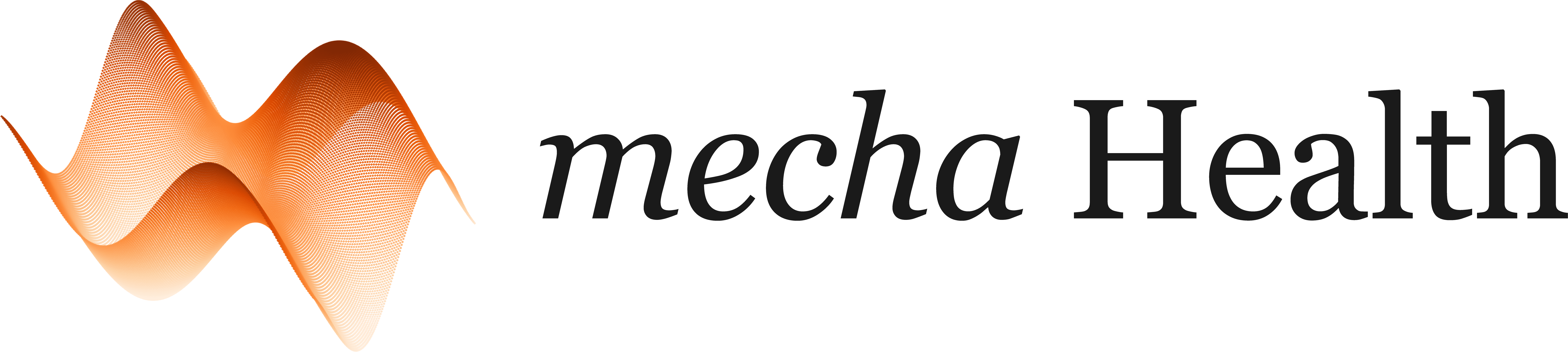 mecha health logo with 3-d graphic orange waves to the left