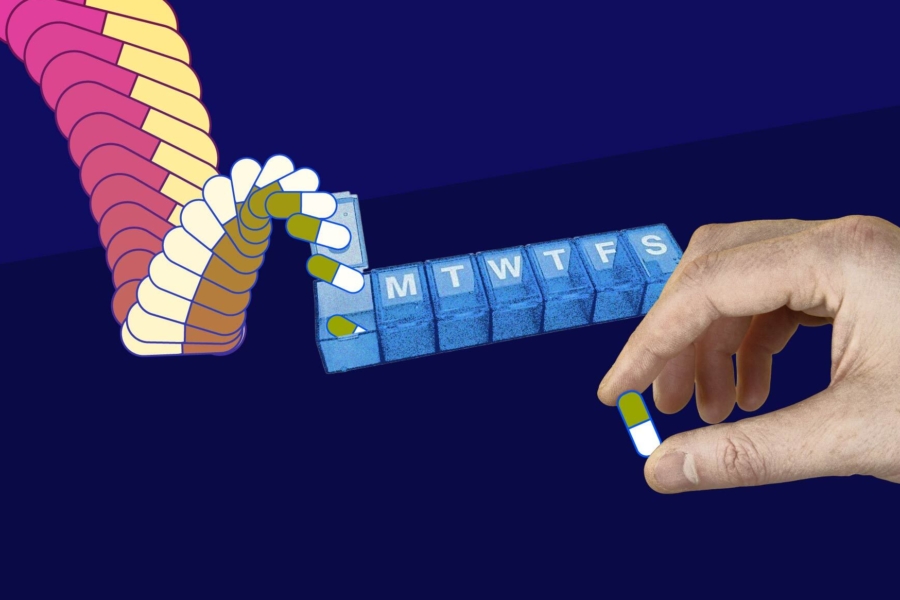 A shrinking pill that falls into a pill box, while a hand on the right holds a single pill